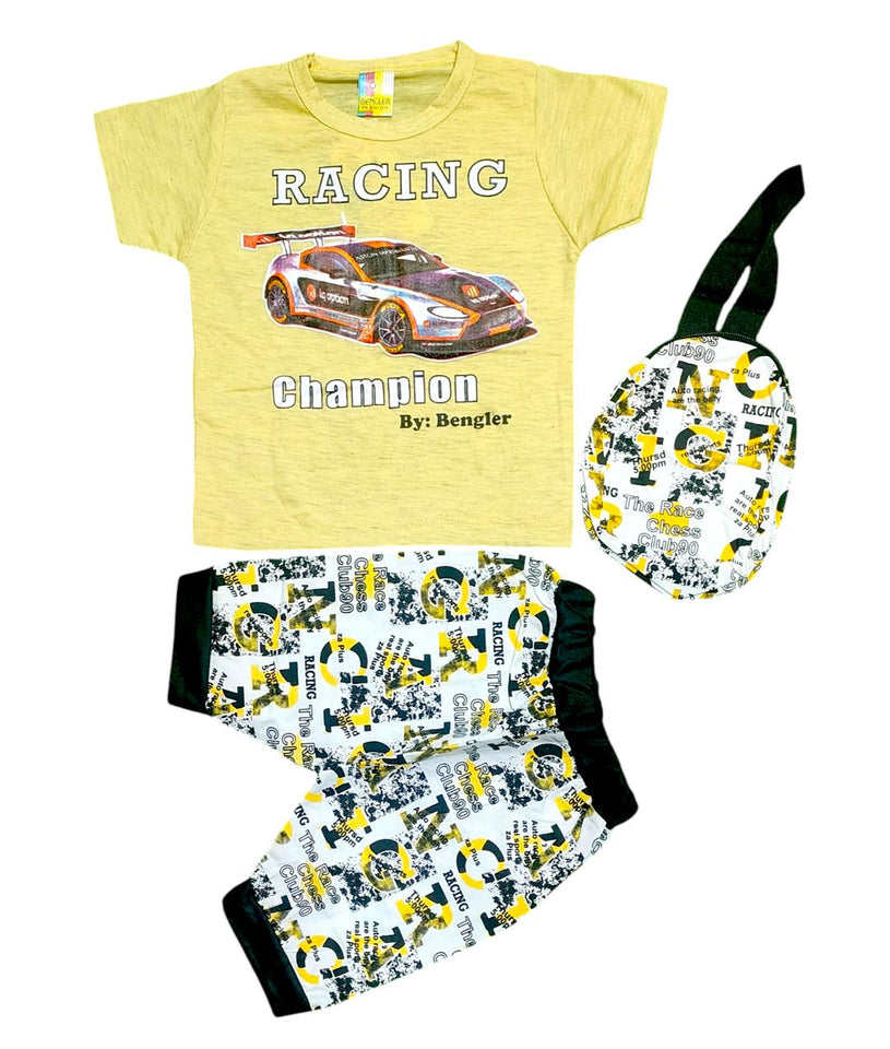 Product Name: 3 Pcs Boy's Blended Printed Knicker And Shirt Set