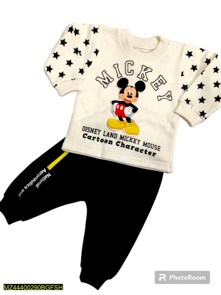 Product Name: 2 Pcs Baby Boy's Stitched Fleece Printed T-Shirt And Trouser Set