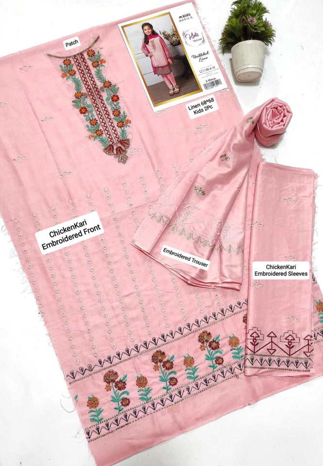 2 Pcs Girl's Linen Embroidered Unstitched Suit