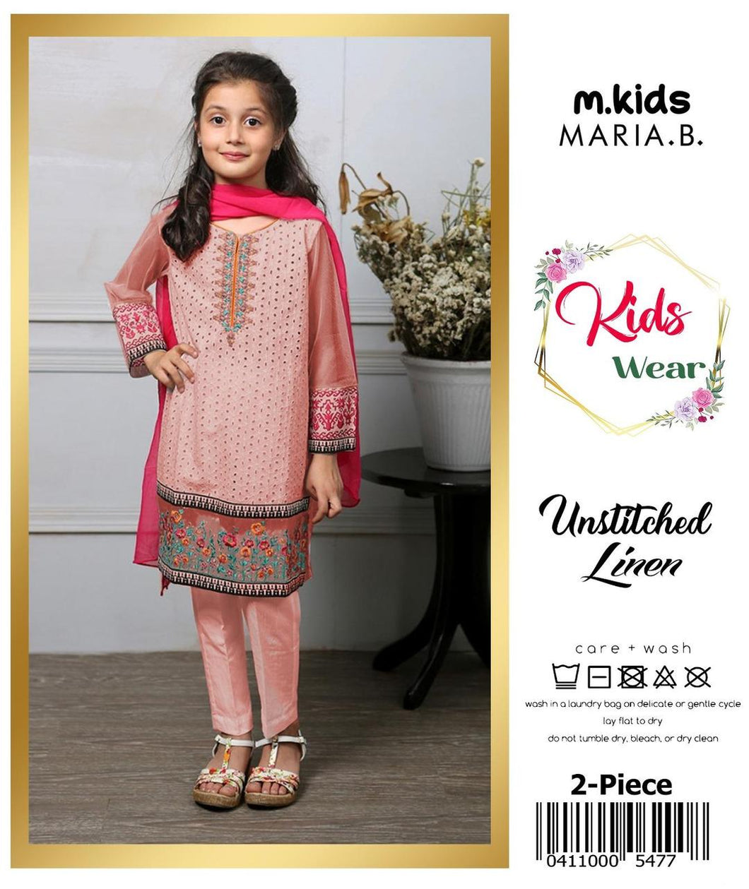 2 Pcs Girl's Linen Embroidered Unstitched Suit